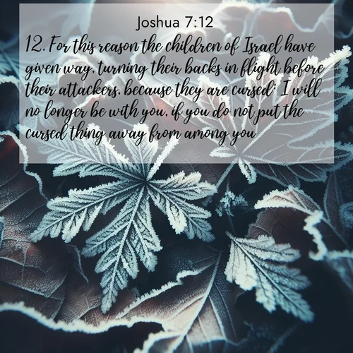 BasicEnglish Joshua  ; image nature: image with the bible verse :For this reason the children of Israel have given way, turning their backs in flight before their attackers, because they are cursed: I will no longer be with you, if you do not put the cursed thing away from among you. ; Explore free Bible verse images with stunning nature themes, including sunlit paths, forest clearings, and endless horizons. Perfect for desktop backgrounds or phone wallpapers. Verses include KJV Joshua 7:12. Current verse is overlayed with the thematic nature scene : Winter frost creates delicate patterns on fallen leaves. ; 7:12
