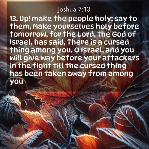 BasicEnglish Joshua  ; image nature: image with the bible verse :Up! make the people holy; say to them, Make yourselves holy before tomorrow, for the Lord, the God of Israel, has said, There is a cursed thing among you, O Israel, and you will give way before your attackers in the fight till the cursed thing has been taken away from among you. ; Discover Bible images adorned with spring landscapes, like tulip fields, cherry blossoms, and green hills. These bright scenes symbolize God&#039;s renewal and grace. Download verses like KJV Joshua 7:13. Current verse is overlayed with the thematic nature scene : Autumn frost rims fallen leaves with crystal. ; 7:13