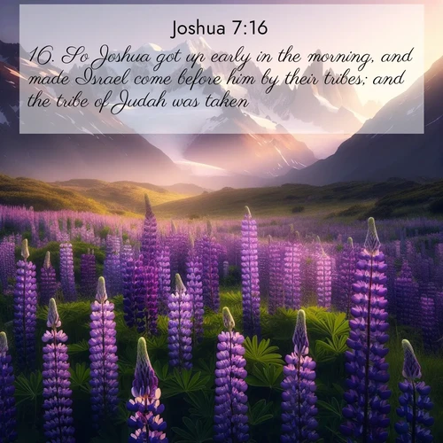 BasicEnglish Joshua  ; image nature: image with the bible verse :So Joshua got up early in the morning, and made Israel come before him by their tribes; and the tribe of Judah was taken; ; Browse our selection of stunning Bible verse images featuring unique natural scenes like fiery autumn forests, serene meadows, and starlit skies. Download and share verses like KJV Joshua 7:16 for free. Current verse is overlayed with the thematic nature scene : Wild lupines paint mountain meadows purple. Snow lingers on distant peaks. ; 7:16