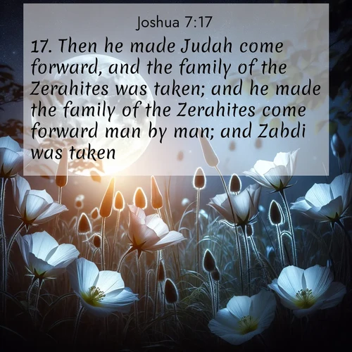 BasicEnglish Joshua  ; image nature: image with the bible verse :Then he made Judah come forward, and the family of the Zerahites was taken; and he made the family of the Zerahites come forward man by man; and Zabdi was taken; ; Discover beautiful Bible verse images enriched with natural landscapes, from serene beaches to cascading waterfalls. All images are free and ready to download. Share verses such as KJV Joshua 7:17. Current verse is overlayed with the thematic nature scene : Moonflowers open to the rising full moon. Night insects hum in harmony. ; 7:17