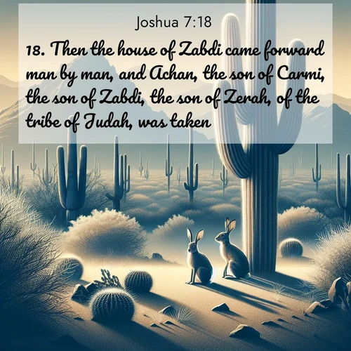 BasicEnglish Joshua  ; image nature: image with the bible verse :Then the house of Zabdi came forward man by man, and Achan, the son of Carmi, the son of Zabdi, the son of Zerah, of the tribe of Judah, was taken. ; Explore a stunning collection of Bible verse images featuring picturesque scenery like sun-drenched meadows, tranquil lakes, and majestic forests. All images are free to download and share. Verses include KJV Joshua 7:18. Current verse is overlayed with the thematic nature scene : Desert jackrabbits pause in saguaro shade. Heat waves distort distant peaks. ; 7:18
