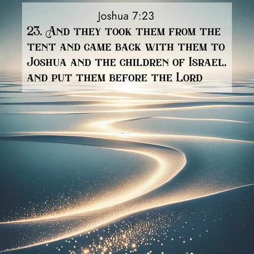 BasicEnglish Joshua  ; image nature: image with the bible verse :And they took them from the tent and came back with them to Joshua and the children of Israel, and put them before the Lord. ; Explore Bible verse images beautifully illustrated with spring scenes, such as blooming meadows, trees in full bloom, and tranquil streams. These landscapes convey divine hope and vitality. Download and share verses like KJV Joshua 7:23. Current verse is overlayed with the thematic nature scene : Summer heat waves ripple above salt flats stretching to the horizon. ; 7:23