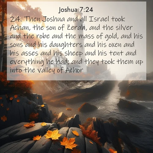 BasicEnglish Joshua  ; image nature: image with the bible verse :Then Joshua and all Israel took Achan, the son of Zerah, and the silver and the robe and the mass of gold, and his sons and his daughters and his oxen and his asses and his sheep and his tent and everything he had; and they took them up into the valley of Achor. ; Discover inspiring Bible verse images featuring natural wonders like lush forests, sunny horizons, and cascading waterfalls. Perfect for wallpapers or spiritual encouragement. Download verses like KJV Joshua 7:24. Current verse is overlayed with the thematic nature scene : Autumn fog shrouds a lighthouse on rocky shores. ; 7:24