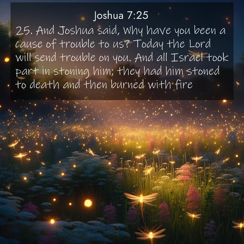 BasicEnglish Joshua  ; image nature: image with the bible verse :And Joshua said, Why have you been a cause of trouble to us? Today the Lord will send trouble on you. And all Israel took part in stoning him; they had him stoned to death and then burned with fire. ; Explore a spring collection of Bible images, with landscapes of green hills, wildflowers, and crystal-clear streams. These images symbolize the blossoming of God&#039;s creation. Download verses like KJV Joshua 7:25. Current verse is overlayed with the thematic nature scene : Fireflies dance above a spring meadow filled with singing crickets. ; 7:25