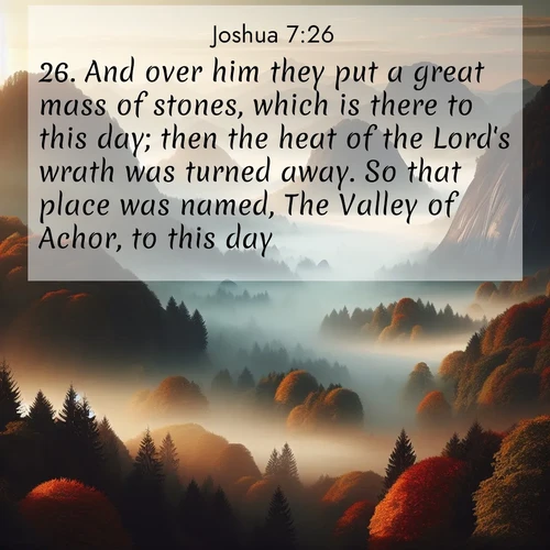 BasicEnglish Joshua  ; image nature: image with the bible verse :And over him they put a great mass of stones, which is there to this day; then the heat of the Lord&#039;s wrath was turned away. So that place was named, The Valley of Achor, to this day. ; Explore an exceptional collection of Bible verse images accompanied by photos of nature, showcasing snowy mountains, serene forests, and still lakes. These images feature luminous tones and varied fonts to bring serenity and inspiration. Share uplifting verses like KJV Joshua 7:26. Current verse is overlayed with the thematic nature scene : Autumn fog rolls through valleys between ancient rounded mountains. ; 7:26