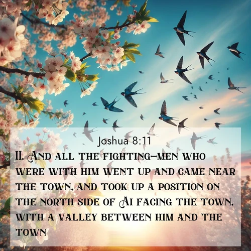 BBE Joshua 8:11 overlaying nature image scene: Spring migration fills the sky with countless swallows.;11. And all the fighting-men who were with him went up and came near the town, and took up a position on the north side of Ai facing the town, with a valley between him and the town.
