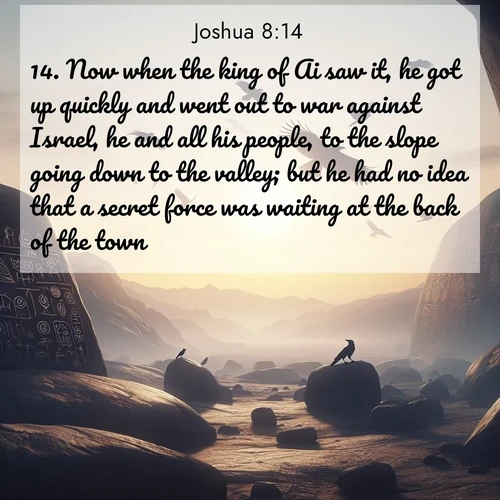 BBE Joshua 8:14 overlaying nature image scene: Desert petroglyphs tell ancient stories. Ravens soar past wearing shadows for wings.;14. Now when the king of Ai saw it, he got up quickly and went out to war against Israel, he and all his people, to the slope going down to the valley; but he had no idea that a secret force was waiting at the back of the town.