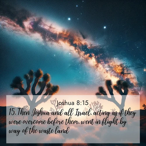 BBE Joshua 8:15 overlaying nature image scene: Joshua trees reach twisted arms to desert stars. The Milky Way arcs overhead like a river of light.;15. Then Joshua and all Israel, acting as if they were overcome before them, went in flight by way of the waste land.