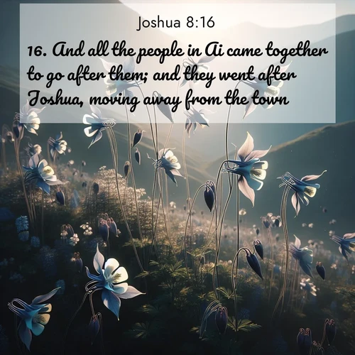 BBE Joshua 8:16 overlaying nature image scene: Wild columbines dance on impossibly thin stems. Mountain breezes carry their perfume.;16. And all the people in Ai came together to go after them; and they went after Joshua, moving away from the town.
