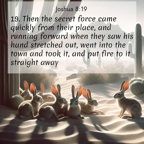 BBE Joshua 8:19 overlaying nature image scene: Desert jackrabbits rest in cactus shade. Heat waves distort distant peaks.;19. Then the secret force came quickly from their place, and running forward when they saw his hand stretched out, went into the town and took it, and put fire to it straight away.
