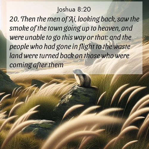 BBE Joshua 8:20 overlaying nature image scene: Mountain meadow grasses bend in alpine wind. Marmots whistle warnings from rocky outcrops.;20. Then the men of Ai, looking back, saw the smoke of the town going up to heaven, and were unable to go this way or that: and the people who had gone in flight to the waste land were turned back on those who were coming after them.
