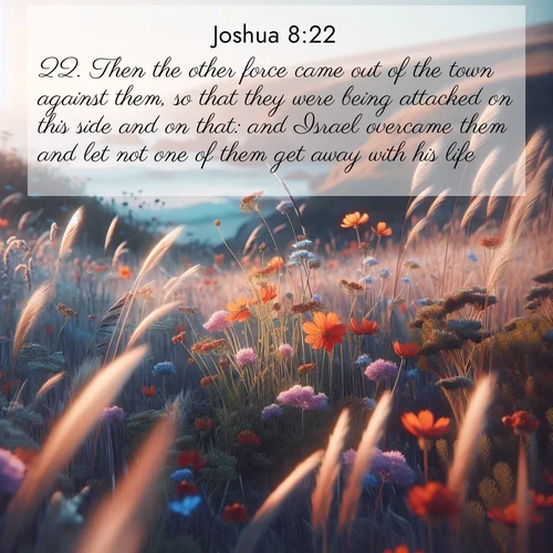 BBE Joshua 8:22 overlaying nature image scene: Summer wildflowers wave in the breeze on coastal bluffs.;22. Then the other force came out of the town against them, so that they were being attacked on this side and on that: and Israel overcame them and let not one of them get away with his life.