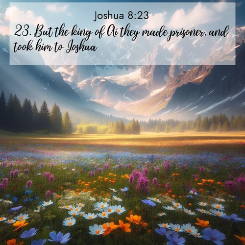 BBE Joshua 8:23 overlaying nature image scene: Spring wildflowers carpet an alpine meadow beneath snow-capped peaks.;23. But the king of Ai they made prisoner, and took him to Joshua.
