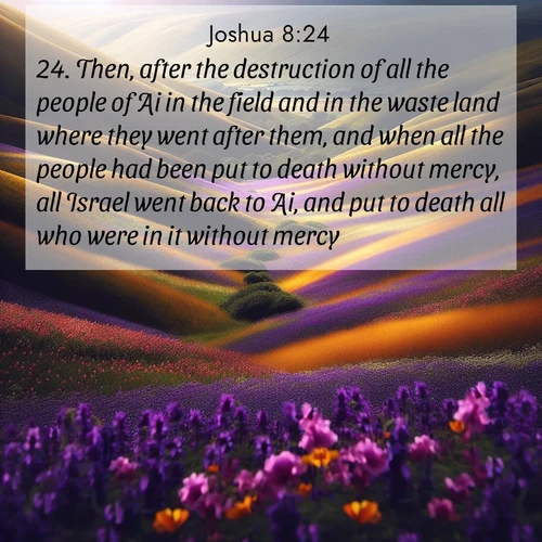 BBE Joshua 8:24 overlaying nature image scene: Spring wildflowers carpet rolling hills in purple and gold.;24. Then, after the destruction of all the people of Ai in the field and in the waste land where they went after them, and when all the people had been put to death without mercy, all Israel went back to Ai, and put to death all who were in it without mercy.