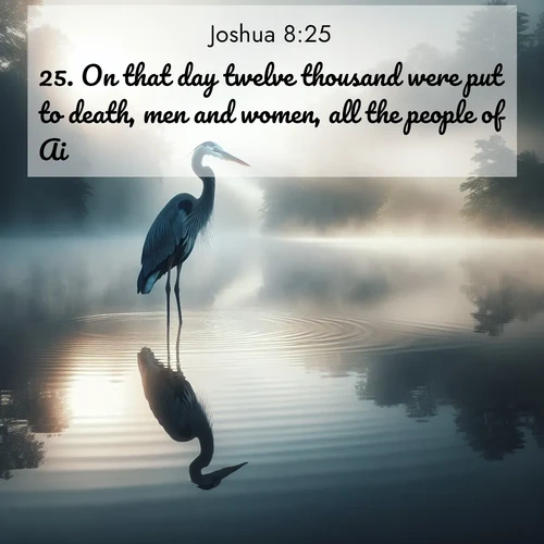 BBE Joshua 8:25 overlaying nature image scene: A great blue heron stands motionless in morning fog. Ripples spread from its reflection.;25. On that day twelve thousand were put to death, men and women, all the people of Ai.