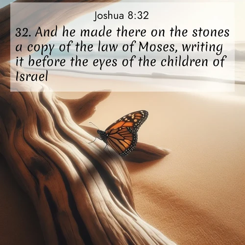 BBE Joshua 8:32 overlaying nature image scene: A single monarch butterfly alights on a sun-bleached driftwood log. Waves crash endlessly on the empty beach beyond.;32. And he made there on the stones a copy of the law of Moses, writing it before the eyes of the children of Israel.