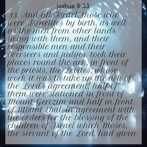 BBE Joshua 8:33 overlaying nature image scene: Ice caves glow with ethereal blue light. Water drops create crystalline music.;33. And all Israel, those who were Israelites by birth, as well as the men from other lands living with them, and their responsible men and their overseers and judges, took their places round the ark, in front of the priests, the Levites, whose work it was to take up the ark of the Lord's agreement; half of them were stationed in front of Mount Gerizim and half in front of Mount Ebal, in agreement with the orders for the blessing of the children of Israel which Moses, the servant of the Lord, had given.