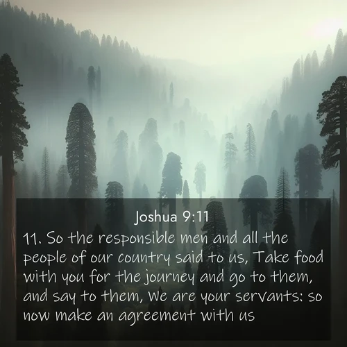 BasicEnglish Joshua  ; image nature: image with the bible verse :So the responsible men and all the people of our country said to us, Take food with you for the journey and go to them, and say to them, We are your servants: so now make an agreement with us. ; Download inspiring Bible verse images featuring stunning natural vistas, from tropical islands to rolling hills. These free images make perfect wallpapers or gifts. Share verses like KJV Joshua 9:11. Current verse is overlayed with the thematic nature scene : Ancient sequoias pierce through valley fog. Centuries of growth reach for filtered light. ; 9:11
