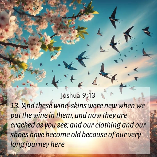 BasicEnglish Joshua  ; image nature: image with the bible verse :And these wine-skins were new when we put the wine in them, and now they are cracked as you see; and our clothing and our shoes have become old because of our very long journey here. ; Dive into our collection of Bible verse images beautifully illustrated with beach photos, featuring gentle waves, sunsets over the sea, and sandy shores. These scenes evoke the peace and majesty of God. Download and share inspiring verses like KJV Joshua 9:13. Current verse is overlayed with the thematic nature scene : Spring migration fills the sky with countless swallows. ; 9:13