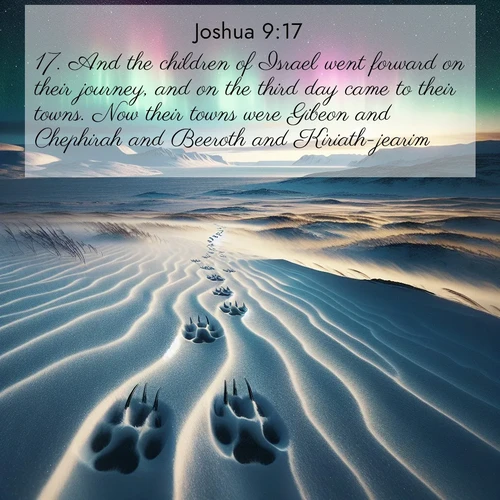BasicEnglish Joshua  ; image nature: image with the bible verse :And the children of Israel went forward on their journey, and on the third day came to their towns. Now their towns were Gibeon and Chephirah and Beeroth and Kiriath-jearim. ; Admire Bible verse images illustrated by desert scenes, such as sunsets over dunes, majestic rocks, and solitary cacti. These images capture the majesty of God in arid places. Download and share verses like KJV Joshua 9:17. Current verse is overlayed with the thematic nature scene : Arctic fox tracks cross windswept tundra. Northern lights pulse overhead in cosmic rhythm. ; 9:17
