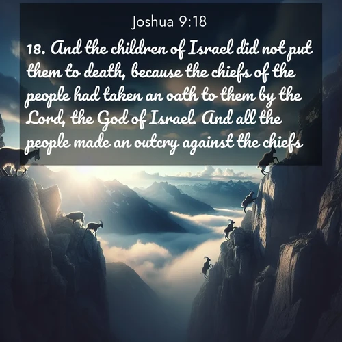 BasicEnglish Joshua  ; image nature: image with the bible verse :And the children of Israel did not put them to death, because the chiefs of the people had taken an oath to them by the Lord, the God of Israel. And all the people made an outcry against the chiefs. ; Explore a collection of free Bible verse images paired with serene landscapes like golden beaches, verdant forests, and clear blue skies. Each image is ideal for desktop or phone wallpapers. Share verses like KJV Joshua 9:18. Current verse is overlayed with the thematic nature scene : Mountain goats traverse sheer faces. Clouds part to reveal their path. ; 9:18