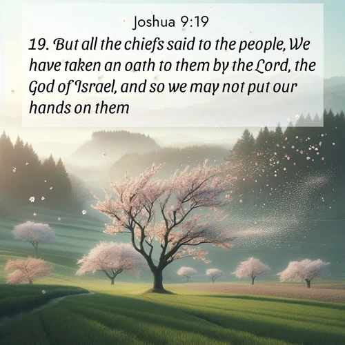 BasicEnglish Joshua  ; image nature: image with the bible verse :But all the chiefs said to the people, We have taken an oath to them by the Lord, the God of Israel, and so we may not put our hands on them. ; Explore a spring collection of Bible images, with landscapes of green hills, wildflowers, and crystal-clear streams. These images symbolize the blossoming of God&#039;s creation. Download verses like KJV Joshua 9:19. Current verse is overlayed with the thematic nature scene : Spring winds scatter cherry blossoms like snow. ; 9:19