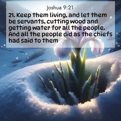 BasicEnglish Joshua  ; image nature: image with the bible verse :Keep them living, and let them be servants, cutting wood and getting water for all the people. And all the people did as the chiefs had said to them. ; Discover beautiful Bible verse images that combine inspiring scripture with captivating nature photos. Download high-quality images featuring lush valleys, peaceful streams, and endless horizons like KJV Joshua 9:21. Current verse is overlayed with the thematic nature scene : Wild iris breaks through spring snow. Alpine light ignites petals. ; 9:21