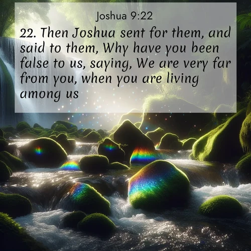 BasicEnglish Joshua  ; image nature: image with the bible verse :Then Joshua sent for them, and said to them, Why have you been false to us, saying, We are very far from you, when you are living among us? ; Explore our vast collection of images featuring beautifully illustrated Bible verses accompanied by nature photos. Discover inspiring and motivating verses paired with soothing landscapes, like shimmering lakes, majestic mountains, and lush forests. Our images highlight the peaceful beauty of God&#039;s creation with vibrant colors and varied fonts. Download and share verse images like KJV Joshua 9:22. Current verse is overlayed with the thematic nature scene : Rainbow prisms dance in a waterfall&#039;s spray. Moss glows emerald in filtered light. ; 9:22