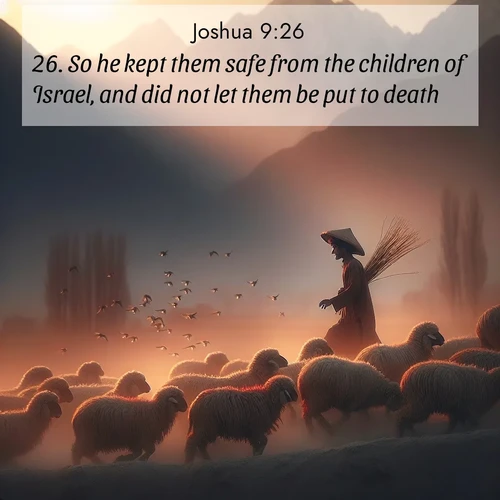 BasicEnglish Joshua  ; image nature: image with the bible verse :So he kept them safe from the children of Israel, and did not let them be put to death. ; Discover Bible images capturing the essence of autumn, with wooded paths, golden fields, and swirling leaves. These scenes reflect the changing beauty of God&#039;s creation. Download verses like KJV Joshua 9:26. Current verse is overlayed with the thematic nature scene : A shepherd guides his flock home. Sunset paints wool golden red. ; 9:26