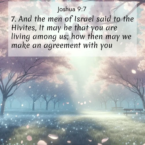 BasicEnglish Joshua  ; image nature: image with the bible verse :And the men of Israel said to the Hivites, It may be that you are living among us; how then may we make an agreement with you? ; Explore a spring collection of Bible images, with landscapes of green hills, wildflowers, and crystal-clear streams. These images symbolize the blossoming of God&#039;s creation. Download verses like KJV Joshua 9:7. Current verse is overlayed with the thematic nature scene : Spring rain falls on cherry trees in full bloom, petals drifting like snow. ; 9:7