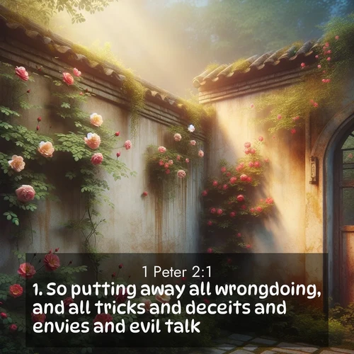 BBE 1 Peter 2:1 overlaying nature image scene: Wild roses climb abandoned walls. Time stands still in secret gardens.;1. So putting away all wrongdoing, and all tricks and deceits and envies and evil talk,