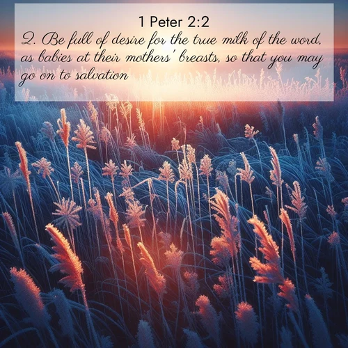 BBE 1 Peter 2:2 overlaying nature image scene: Winter sunrise illuminates frost-covered prairie grass.;2. Be full of desire for the true milk of the word, as babies at their mothers' breasts, so that you may go on to salvation;