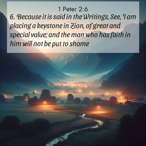 BBE 1 Peter 2:6 overlaying nature image scene: Morning mist rises from valley streams. Birdsong heralds the dawn chorus.;6. Because it is said in the Writings, See, I am placing a keystone in Zion, of great and special value; and the man who has faith in him will not be put to shame.