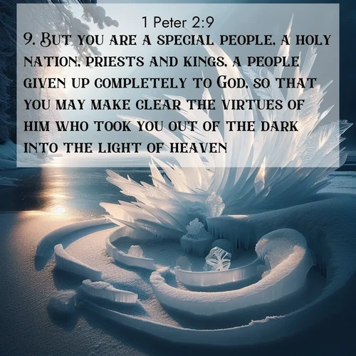 BBE 1 Peter 2:9 overlaying nature image scene: Winter ice forms abstract sculptures along a lake shore.;9. But you are a special people, a holy nation, priests and kings, a people given up completely to God, so that you may make clear the virtues of him who took you out of the dark into the light of heaven.