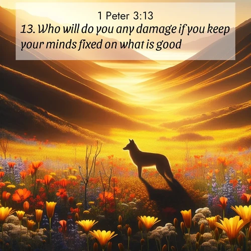 BasicEnglish 1 Peter  ; image nature: image with the bible verse :Who will do you any damage if you keep your minds fixed on what is good? ; Discover a gallery of Bible verse images showcasing the beauty of autumn, with golden leaves, red forests, and peaceful fields bathed in soft light. These soothing scenes are perfect for accompanying inspiring verses like KJV 1 Peter 3:13. Current verse is overlayed with the thematic nature scene : Spring wildflowers carpet Death Valley in gold. A coyote&#039;s silhouette melts into the blooms. ; 3:13