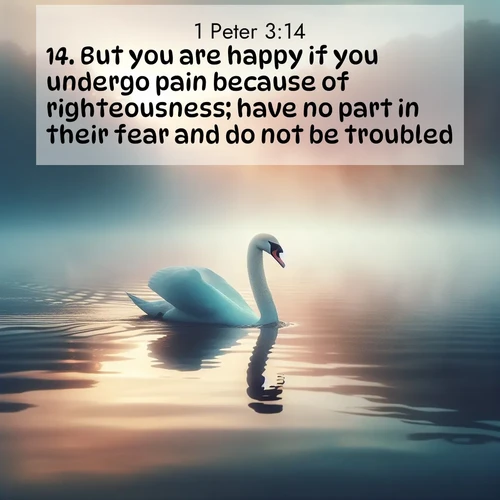 BasicEnglish 1 Peter  ; image nature: image with the bible verse :But you are happy if you undergo pain because of righteousness; have no part in their fear and do not be troubled; ; Discover a rich selection of Bible verse images illustrated by natural landscapes like tranquil beaches, golden fields, and majestic trees. These images aim to capture the peace and beauty of God&#039;s creation, with vibrant colors and varied typography. Download and share inspiring verses like KJV 1 Peter 3:14. Current verse is overlayed with the thematic nature scene : A single swan glides across a misty lake. Dawn paints the water in pastels. ; 3:14