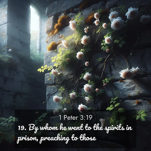 BasicEnglish 1 Peter  ; image nature: image with the bible verse :By whom he went to the spirits in prison, preaching to those ; Browse Bible images illustrated by desert landscapes, with endless skies, golden dunes, and isolated palm trees. These images evoke the calm and grandeur of God&#039;s creation. Download inspiring verses like KJV 1 Peter 3:19. Current verse is overlayed with the thematic nature scene : Wild roses climb abandoned stone walls. Time stands still in the secret garden. ; 3:19