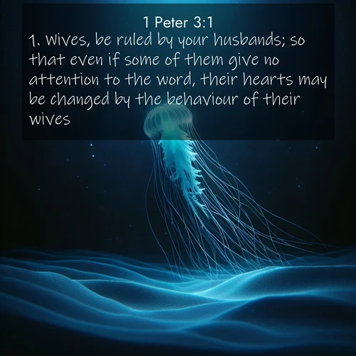 BasicEnglish 1 Peter  ; image nature: image with the bible verse :Wives, be ruled by your husbands; so that even if some of them give no attention to the word, their hearts may be changed by the behaviour of their wives, ; Explore Bible verses paired with beach photos, where waves gently crash on the sand and the sky glows with pastel hues at sunset. These scenes convey deep serenity. Download verses like KJV 1 Peter 3:1. Current verse is overlayed with the thematic nature scene : A lone jellyfish pulses through midnight waters. Its bioluminescent tendrils paint trails of azure light in the depths. ; 3:1