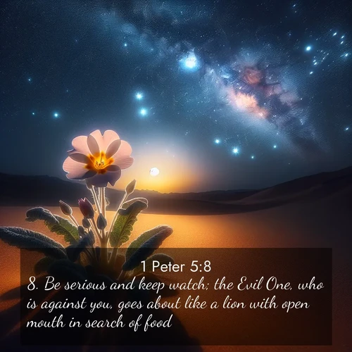 BasicEnglish 1 Peter  ; image nature: image with the bible verse :Be serious and keep watch; the Evil One, who is against you, goes about like a lion with open mouth in search of food; ; Explore Bible verse images highlighting the beauty of spring, with vibrant flowers, butterflies, and blossoming fruit trees. These scenes evoke divine hope and renewal. Download inspiring verses like KJV 1 Peter 5:8. Current verse is overlayed with the thematic nature scene : Desert primrose opens to stars. Night wind carries sweet perfume. ; 5:8
