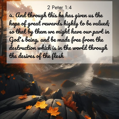 BBE 2 Peter 1:4 overlaying nature image scene: Autumn fog shrouds a lighthouse on rocky shores.;4. And through this he has given us the hope of great rewards highly to be valued; so that by them we might have our part in God's being, and be made free from the destruction which is in the world through the desires of the flesh.
