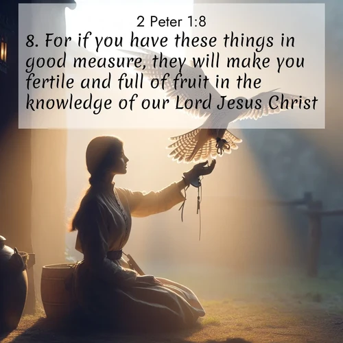 BBE 2 Peter 1:8 overlaying nature image scene: A falconer releases his bird. Wind lifts magnificent wings.;8. For if you have these things in good measure, they will make you fertile and full of fruit in the knowledge of our Lord Jesus Christ.
