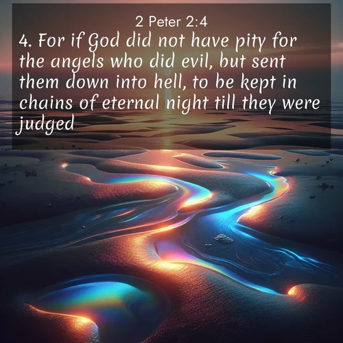 BBE 2 Peter 2:4 overlaying nature image scene: Tidal pools reflect sunset colors at low tide.;4. For if God did not have pity for the angels who did evil, but sent them down into hell, to be kept in chains of eternal night till they were judged;