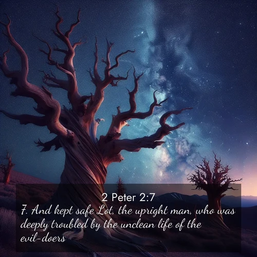 BBE 2 Peter 2:7 overlaying nature image scene: Ancient bristlecone pines twist toward stars. Time stands still in their presence.;7. And kept safe Lot, the upright man, who was deeply troubled by the unclean life of the evil-doers
