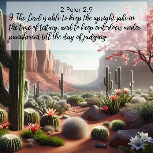 BBE 2 Peter 2:9 overlaying nature image scene: Desert cacti burst with spring blooms against red sandstone formations.;9. The Lord is able to keep the upright safe in the time of testing, and to keep evil-doers under punishment till the day of judging;