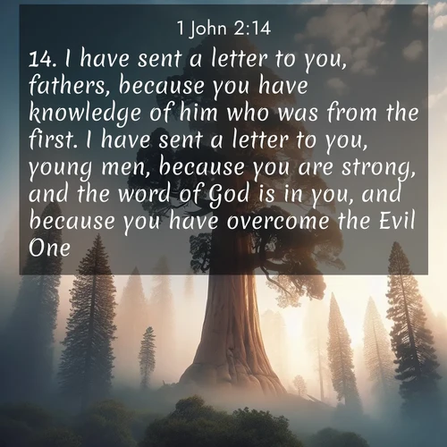 BasicEnglish 1 John  ; image nature: image with the bible verse :I have sent a letter to you, fathers, because you have knowledge of him who was from the first. I have sent a letter to you, young men, because you are strong, and the word of God is in you, and because you have overcome the Evil One. ; Explore Bible verse images beautifully illustrated with spring scenes, such as blooming meadows, trees in full bloom, and tranquil streams. These landscapes convey divine hope and vitality. Download and share verses like KJV 1 John 2:14. Current verse is overlayed with the thematic nature scene : A giant sequoia reaches through morning fog. Centuries of growth stretch skyward in silent majesty. ; 2:14