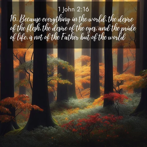 BasicEnglish 1 John  ; image nature: image with the bible verse :Because everything in the world, the desire of the flesh, the desire of the eyes, and the pride of life, is not of the Father but of the world. ; Explore serene Bible verse images adorned with photos of divine creation—tranquil beaches, snowy mountains, and starry skies. Each image is free to download and share. Verses include KJV 1 John 2:16. Current verse is overlayed with the thematic nature scene : Autumn rain darkens tree trunks in the forest. ; 2:16