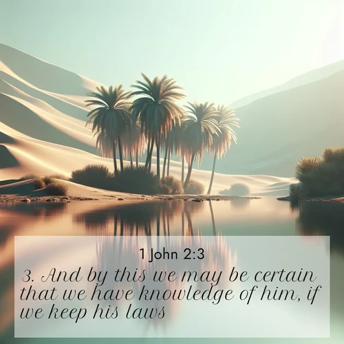 BasicEnglish 1 John  ; image nature: image with the bible verse :And by this we may be certain that we have knowledge of him, if we keep his laws. ; Admire Bible verse images capturing the beauty of beaches, with turquoise waters, palm trees, and peaceful shores. These soothing scenes reflect God&#039;s serenity and majesty. Download and share verses like KJV 1 John 2:3. Current verse is overlayed with the thematic nature scene : A desert oasis shimmers in the midday heat, palm fronds rustling above still waters. ; 2:3