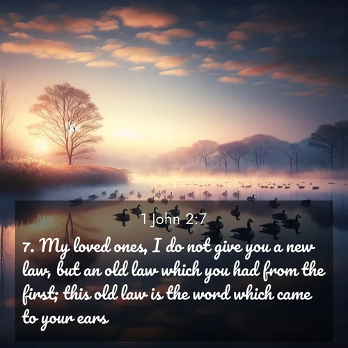 BasicEnglish 1 John  ; image nature: image with the bible verse :My loved ones, I do not give you a new law, but an old law which you had from the first; this old law is the word which came to your ears. ; Admire Bible verse images illustrated by desert scenes, such as sunsets over dunes, majestic rocks, and solitary cacti. These images capture the majesty of God in arid places. Download and share verses like KJV 1 John 2:7. Current verse is overlayed with the thematic nature scene : Wild geese rest on still waters. Dawn mist rises like dreams. ; 2:7