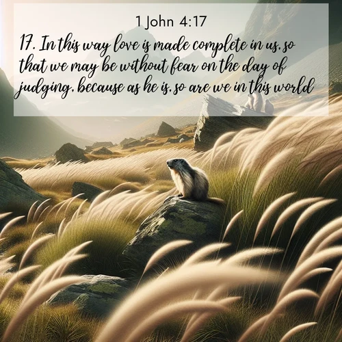 BBE 1 John 4:17 overlaying nature image scene: Mountain meadow grasses bend in alpine wind. Marmots whistle warnings from rocky outcrops.;17. In this way love is made complete in us, so that we may be without fear on the day of judging, because as he is, so are we in this world.