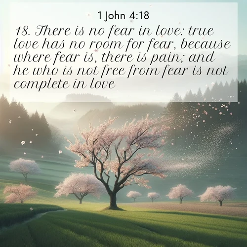 BBE 1 John 4:18 overlaying nature image scene: Spring winds scatter cherry blossoms like snow.;18. There is no fear in love: true love has no room for fear, because where fear is, there is pain; and he who is not free from fear is not complete in love.